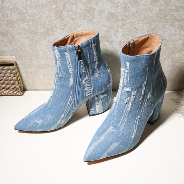 us4-11 womens pointed toe denim jeans ankle boots side zip chunky block high heel ripped shoes plus size c390, Black
us4-11 womens pointed toe denim jeans ankle boots side zip chunky block high heel ripped shoes plus size c390, Black