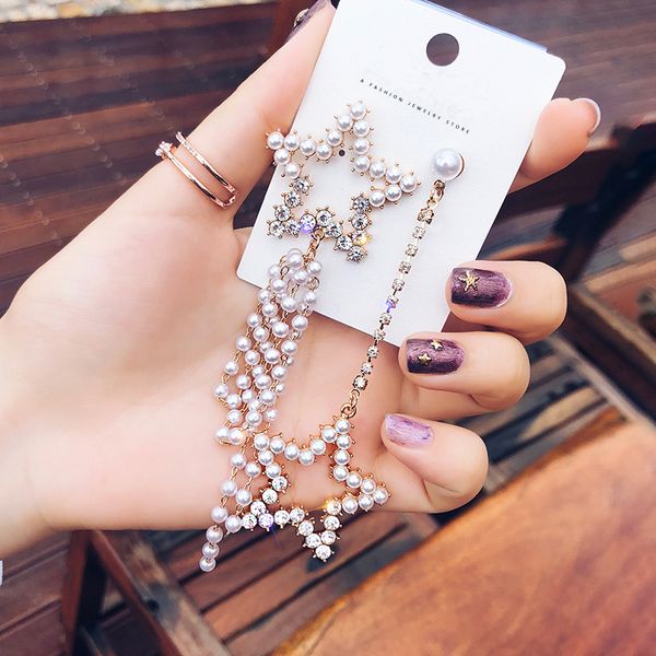 new design fashion brand jewelry asymmetric pearl five-pointed star earrings for women korean long tassel earrings, Golden;silver
new design fashion brand jewelry asymmetric pearl five-pointed star earrings for women korean long tassel earrings, Golden;silver