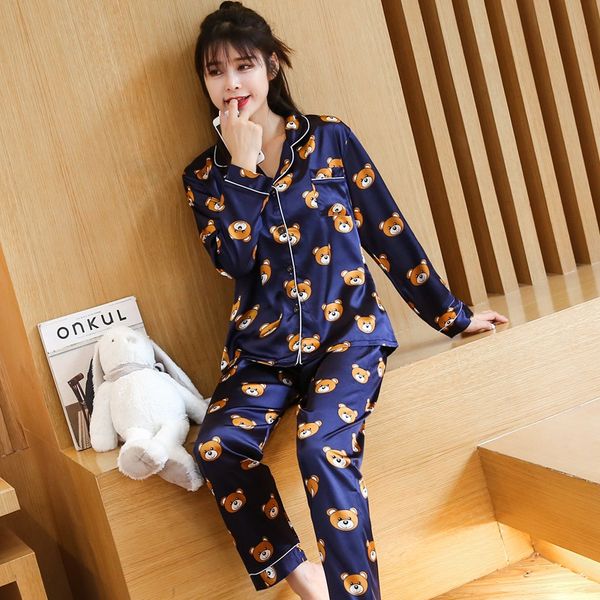 2019 spring autumn silk satin pajama set for women long sleeve pyjama cartoon print sleepwear homewear pijama mujer home clothes, Blue;gray
2019 spring autumn silk satin pajama set for women long sleeve pyjama cartoon print sleepwear homewear pijama mujer home clothes, Blue;gray