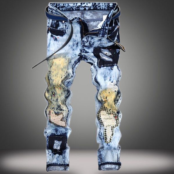 men's jeans lable skinny men streetwear destroyed ripped homme hip hop broken modis male pencil biker embroidery patch pants, Blue
men's jeans lable skinny men streetwear destroyed ripped homme hip hop broken modis male pencil biker embroidery patch pants, Blue