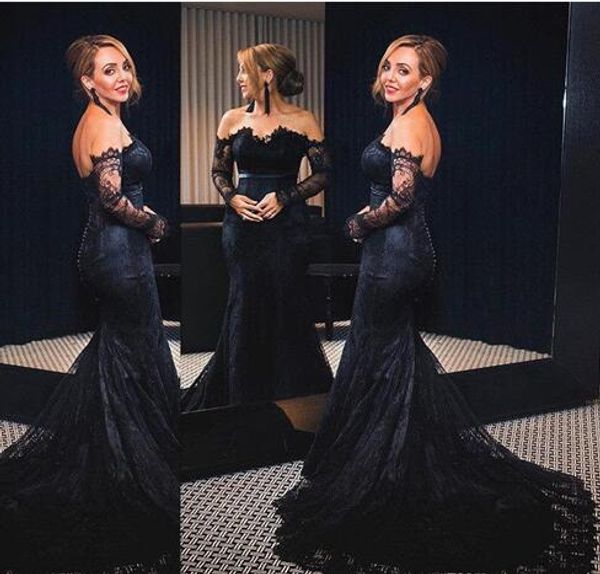 dark blue lace evening dress illusion long sleeves mermaid designer sweep train applique off the shoulder prom formal dress gown, Black;red
dark blue lace evening dress illusion long sleeves mermaid designer sweep train applique off the shoulder prom formal dress gown, Black;red