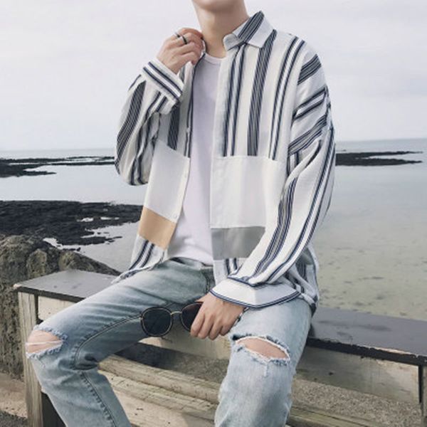 2020 handsome student shirt men's spring summer autumn loose casual stitching long-sleeved clothes korean trend striped shirt, White;black
2020 handsome student shirt men's spring summer autumn loose casual stitching long-sleeved clothes korean trend striped shirt, White;black