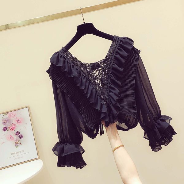 crop women flounced v-neck short chiffon blouse women's new lace-up blouse women ladies, White
crop women flounced v-neck short chiffon blouse women's new lace-up blouse women ladies, White