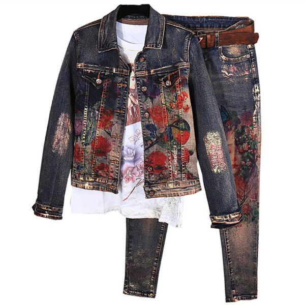 flowers print denim jeans jacket pants suit lady two pcs elastic material painting fashion trends women set bronzing thin, White
flowers print denim jeans jacket pants suit lady two pcs elastic material painting fashion trends women set bronzing thin, White