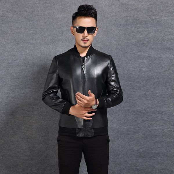 men's leather & faux autumn first layer sheep jacket baseball uniform collar short burst coat thin, Black
men's leather & faux autumn first layer sheep jacket baseball uniform collar short burst coat thin, Black
