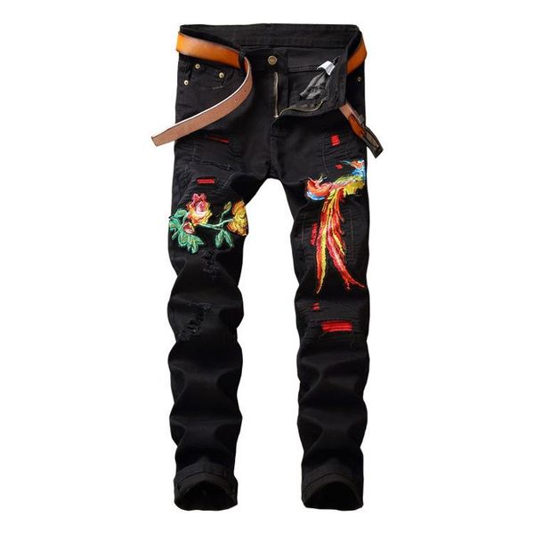 fashion new hip hop embroidery ripped biker pants trousers casual straight white red green denim jeans, Blue 
fashion new hip hop embroidery ripped biker pants trousers casual straight white red green denim jeans, Blue