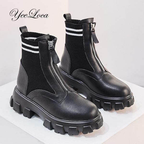 women winter ankle boots platform chunky heels genuine leather motorcycle shoes stretch socks fashion boots with zip, Black
women winter ankle boots platform chunky heels genuine leather motorcycle shoes stretch socks fashion boots with zip, Black