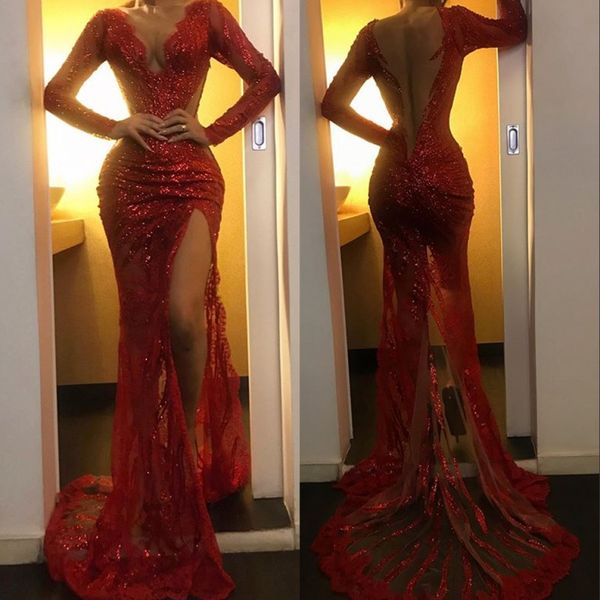 red sequined side split evening dresses v-neck long sleeves mermaid prom dress robe de soire dubai african party wear, Black
red sequined side split evening dresses v-neck long sleeves mermaid prom dress robe de soire dubai african party wear, Black