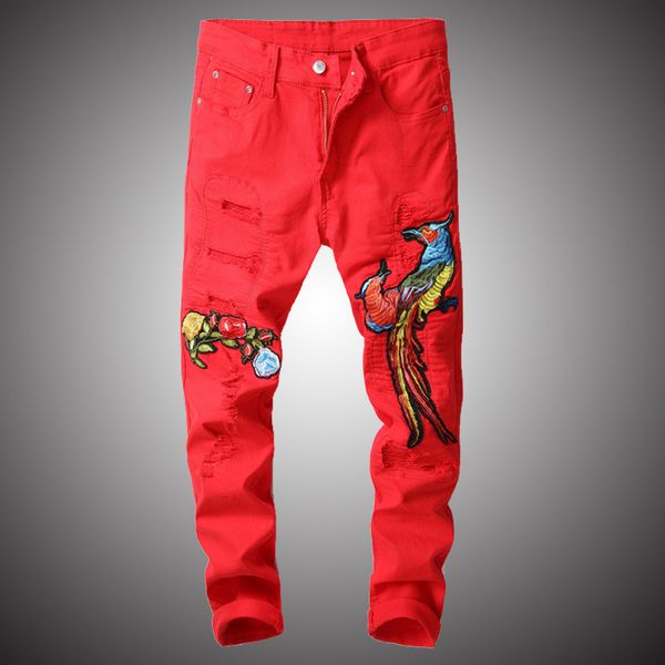 men's red embroidery biker jeans for motorcycle slim holes ripped distressed denim pants vintage long trousers wy243, Blue
men's red embroidery biker jeans for motorcycle slim holes ripped distressed denim pants vintage long trousers wy243, Blue