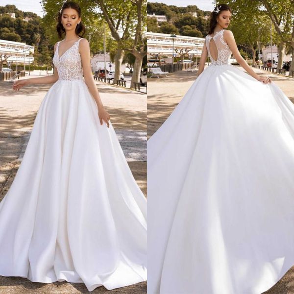 modest satin wedding dresses v neck hollow back lace appliques vestidos de novia sweep train chapel bridal gowns, White
modest satin wedding dresses v neck hollow back lace appliques vestidos de novia sweep train chapel bridal gowns, White