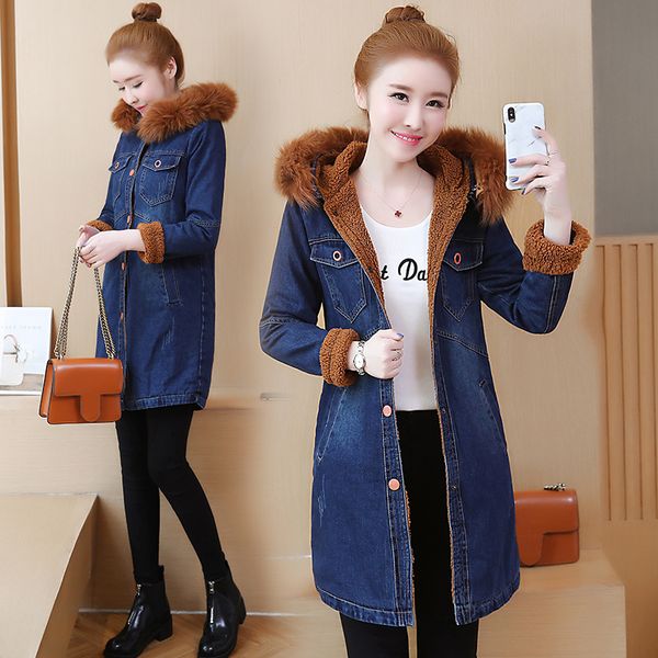 women denim cotton padded lambs wool jacket keep warm winter new long coat fur hooded mujer thick parkas, Black
women denim cotton padded lambs wool jacket keep warm winter new long coat fur hooded mujer thick parkas, Black