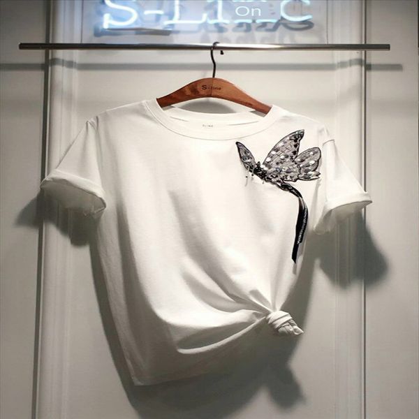 east gate butterfly sequins 2020 embroidery sequins butterfly short sleeve round collar t-shirt female korean style loose temperament t-shir, White
east gate butterfly sequins 2020 embroidery sequins butterfly short sleeve round collar t-shirt female korean style loose temperament t-shir, White