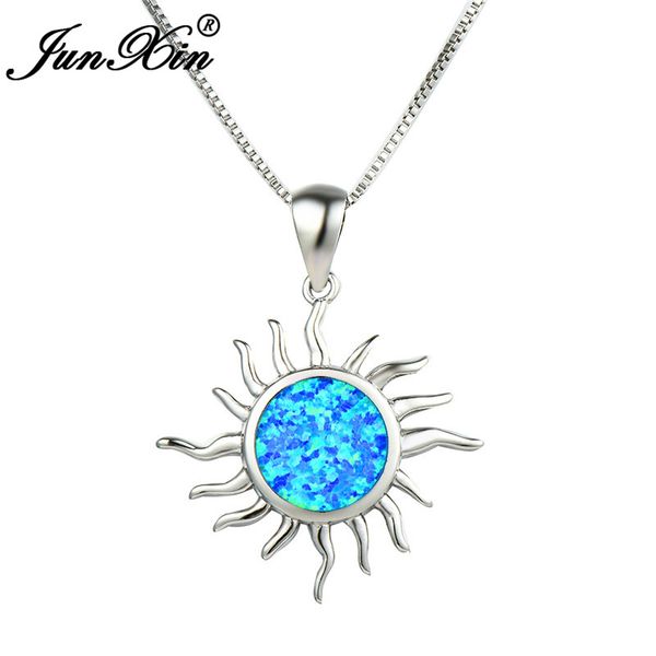 junxin silver color sunflower pendant blue white fire opal necklaces for women round birthstone wedding jewelry 
junxin silver color sunflower pendant blue white fire opal necklaces for women round birthstone wedding jewelry