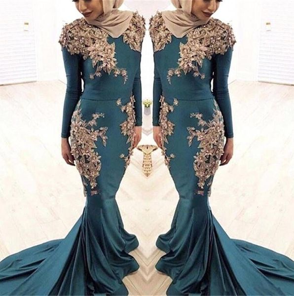 2019 muslim long sleeves satin mermaid prom dresses 3d lace floral beaded sweep train plus size party prom dresses, Black
2019 muslim long sleeves satin mermaid prom dresses 3d lace floral beaded sweep train plus size party prom dresses, Black