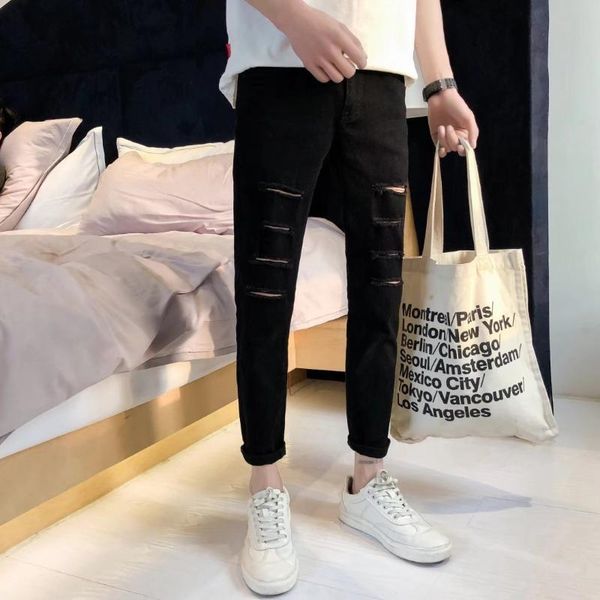with holes jeans men's, black skinny pants men's slim women's students korean-style versatile capri ripped jeans, Blue
with holes jeans men's, black skinny pants men's slim women's students korean-style versatile capri ripped jeans, Blue