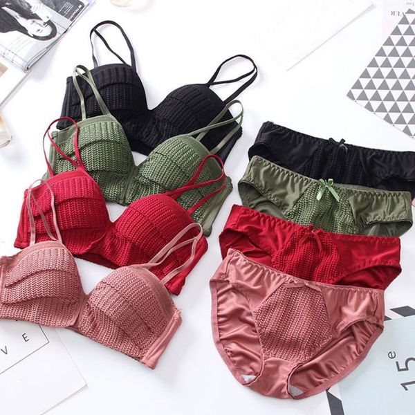 underwear set solid color girl knitting thread without steel ring gather 1/2 cup bra + underwear set, Red;black
underwear set solid color girl knitting thread without steel ring gather 1/2 cup bra + underwear set, Red;black