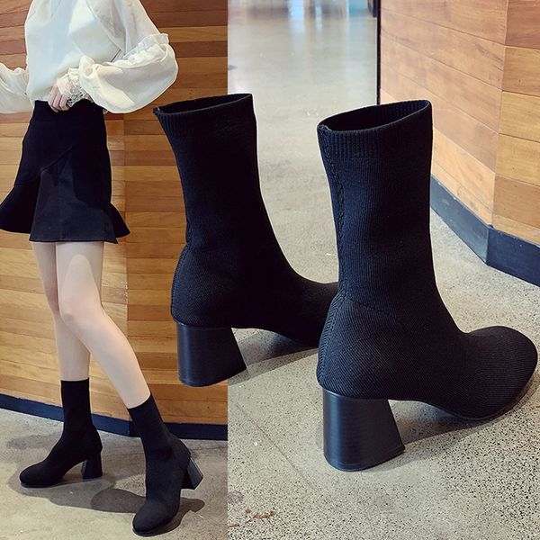 women's shoes 2019 spring and autumn new elastic medium tube wool knit thick with high heel boots, Black
women's shoes 2019 spring and autumn new elastic medium tube wool knit thick with high heel boots, Black