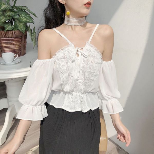 summer new strapless spaghetti chiffon shirt 3 quarter ruffled sleeve off-shoulder solid color loose tee blusa, White
summer new strapless spaghetti chiffon shirt 3 quarter ruffled sleeve off-shoulder solid color loose tee blusa, White