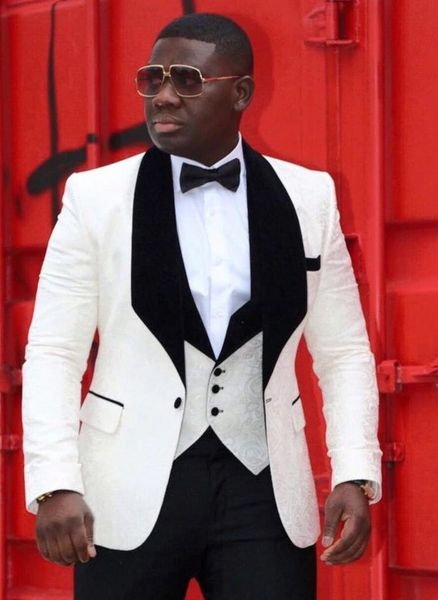 popular ivory jacquard men wedding tuxedos velvet shawl lapel groom tuxedos men dinner/darty dress 3 piece suit(jacket+pants+tie+vest) 12, Black;gray