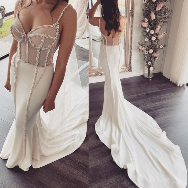 mermaid plus size wedding dresses sleeveless spaghetti covered button pearls satin bridal gowns sweep train robes de mariée, White
mermaid plus size wedding dresses sleeveless spaghetti covered button pearls satin bridal gowns sweep train robes de mariée, White