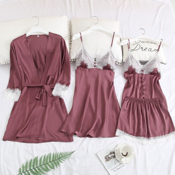 women sleepwear spaghetti strap robe 4 pieces v-neck silk pajamas with chest pads cardigan pyjamas women pajamas set, Black;red
women sleepwear spaghetti strap robe 4 pieces v-neck silk pajamas with chest pads cardigan pyjamas women pajamas set, Black;red