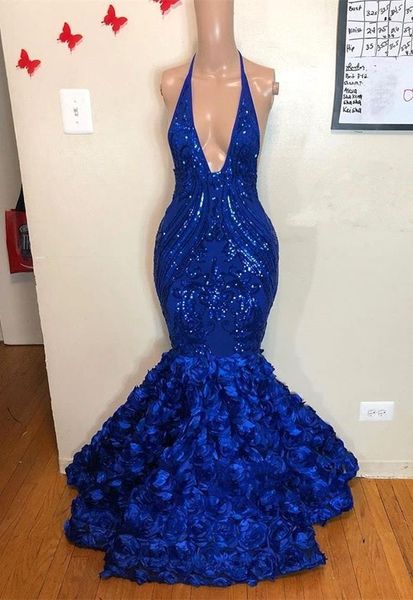2019 glamorous royal blue mermaid prom dresses halter neck backless sequins 3d floral flowers lace applique evening gowns, Black
2019 glamorous royal blue mermaid prom dresses halter neck backless sequins 3d floral flowers lace applique evening gowns, Black