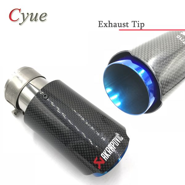 

1pcs inlet 63mm outlet 76mm akrapovic car glossy carbon fiber exhaust end blue stainless steel pipes single muffler tips