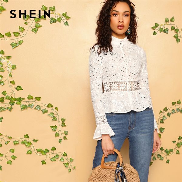 

shein white guipure lace insert embroidered eyelet peplum blouse women long sleeve slim fit office lady boho blouses