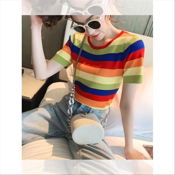 ice silk western style rainbow striped short-sleeved t-shirt female 2020 slim t-shirt round collar base top, White
ice silk western style rainbow striped short-sleeved t-shirt female 2020 slim t-shirt round collar base top, White