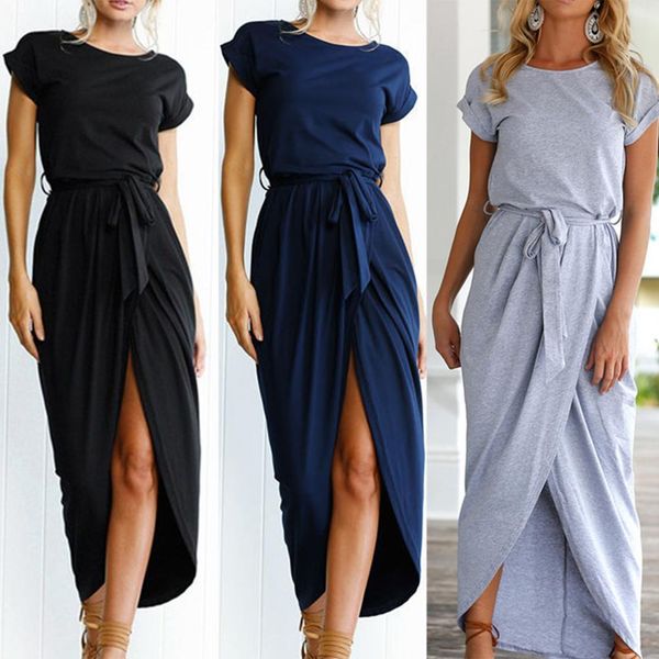 solid color dress women short sleeve knitting crew neck irregular hem split slim belt long dress beach skirt, Black;gray
solid color dress women short sleeve knitting crew neck irregular hem split slim belt long dress beach skirt, Black;gray