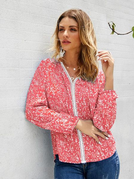 2020 spring and summer lace joint polka dot shirt women's floral-print long-sleeve blouse casual, White 
2020 spring and summer lace joint polka dot shirt women's floral-print long-sleeve blouse casual, White