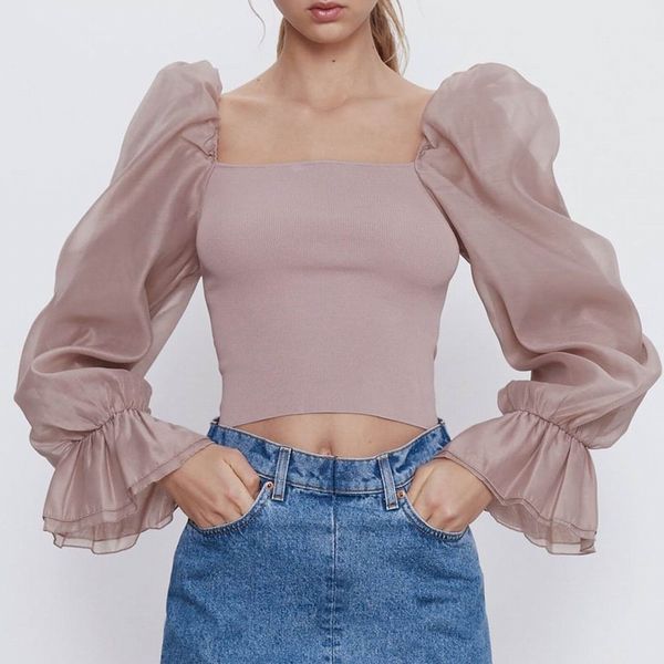 chic women blouse summer 2020 new fashion elastic knitted patchwork transparent sleeve slim lady pullover top, White
chic women blouse summer 2020 new fashion elastic knitted patchwork transparent sleeve slim lady pullover top, White