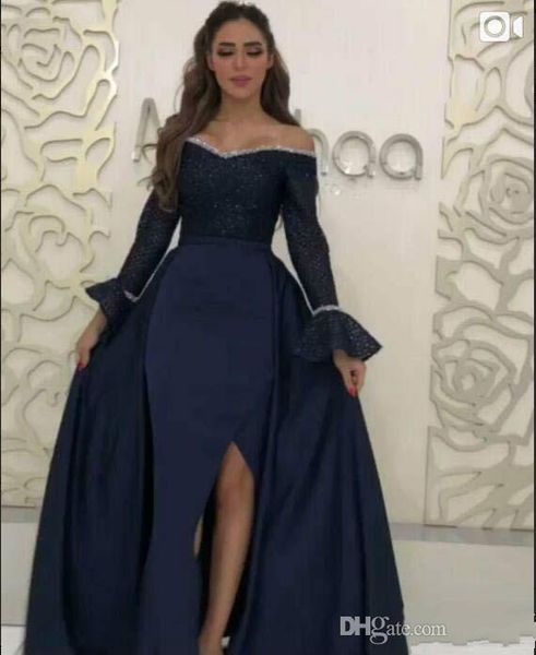 navy blue arabia prom dresses off the shoulder beaded neckline juliet long sleeve formal evening gowns with overskirts front slit 2019 cheap, Black
navy blue arabia prom dresses off the shoulder beaded neckline juliet long sleeve formal evening gowns with overskirts front slit 2019 cheap, Black