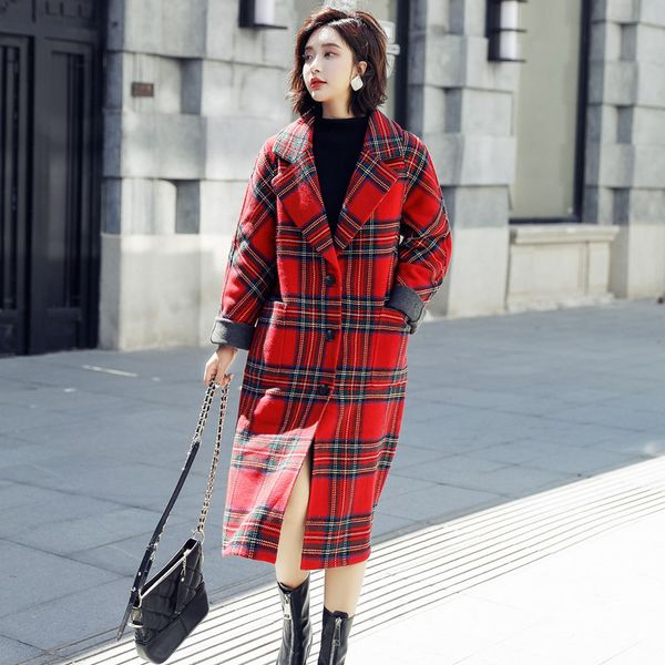 and winter 2018 new european and american large plaid single-row button wool overcoat medium-length wool women's wear, Black
and winter 2018 new european and american large plaid single-row button wool overcoat medium-length wool women's wear, Black