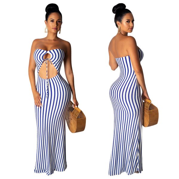 designer summer women striped dress strapless tie up hollow out bodycon maxi dress casual backless vestidos long beach party dresses, Black;gray