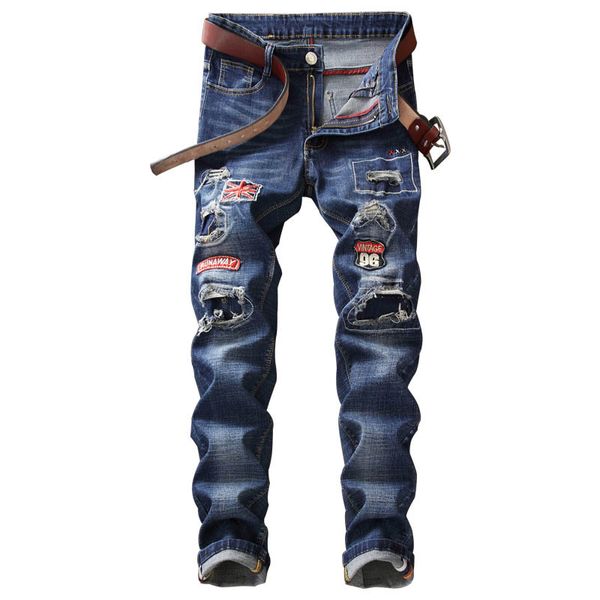mcikkny fashion men's ripped holes jeans pants washed patchwork stretch denim trousers male straight, Blue
mcikkny fashion men's ripped holes jeans pants washed patchwork stretch denim trousers male straight, Blue