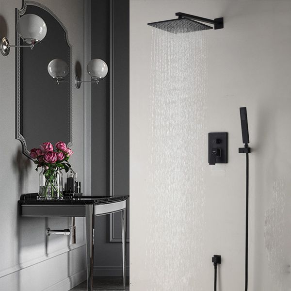 

brass black bathroom shower set 8" rianfall head shower faucet wall mounted shower arm diverter mixer handheld set
