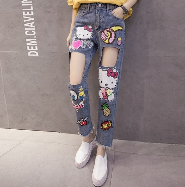 kitty sequins cat furrowed cowboy pants cartoon pineapple beads broken hole harlan pants, Blue
kitty sequins cat furrowed cowboy pants cartoon pineapple beads broken hole harlan pants, Blue