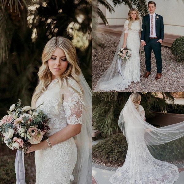 Modest Design 2019 Full Lace Mermaid Wedding Dresses High Neck Half Sleeve Sweep Train Bridal Gowns Custom Size Vestido de noiva
Modest Design 2019 Full Lace Mermaid Wedding Dresses High Neck Half Sleeve Sweep Train Bridal Gowns Custom Size Vestido de noiva