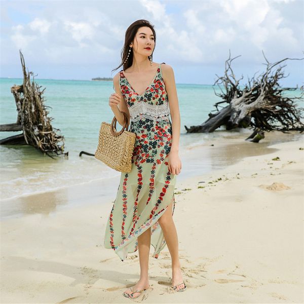 beach style women's print lace ankle backless dresses v-neck holiday elegant spaghetti-length dresses ladies long, White 
beach style women's print lace ankle backless dresses v-neck holiday elegant spaghetti-length dresses ladies long, White