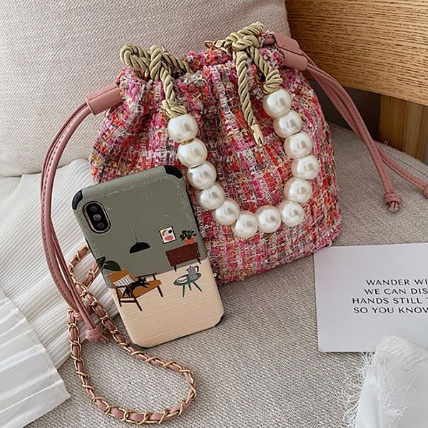 

women's fashion coin purse woven beading bag patchwork casual shoulder bag pearl chain drawstring portable diagonal cross bags