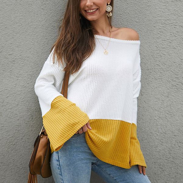 autumn and winter new 2019 contrast color stitching long sleeve loose knit sweater round neck drop shoulder sweater, White;black
autumn and winter new 2019 contrast color stitching long sleeve loose knit sweater round neck drop shoulder sweater, White;black