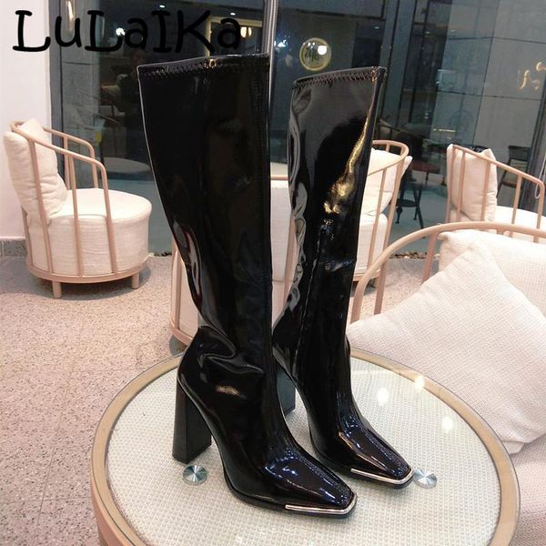 2020 autumn winter women's new fashion wild patent leather metal square head plus velvet warm and comfortable high boots, Black
2020 autumn winter women's new fashion wild patent leather metal square head plus velvet warm and comfortable high boots, Black