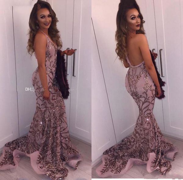Sparkle Rose Gold Sequined Mermaid Backless Prom Dress Black Girls Sexy Halter V Neck Straps African Formal Evening Dress robe de soiree A45
Sparkle Rose Gold Sequined Mermaid Backless Prom Dress Black Girls Sexy Halter V Neck Straps African Formal Evening Dress robe de soiree A45