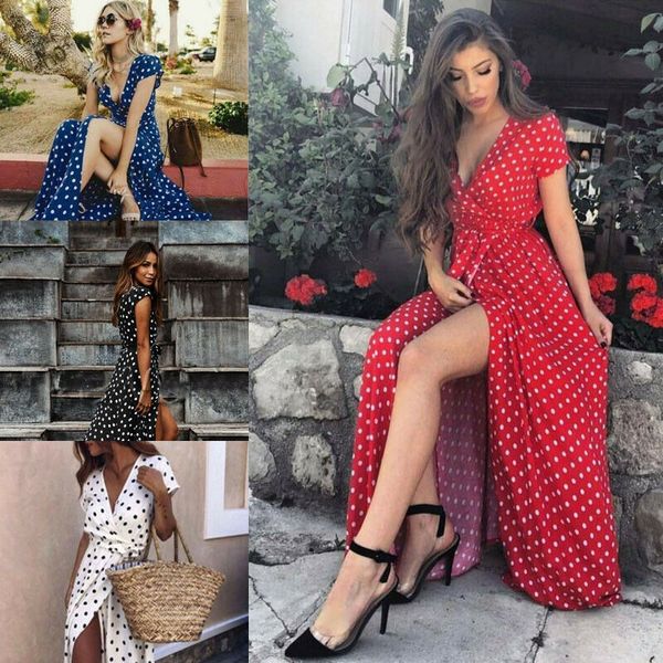 

2019 fashion women boho polka dot maxi v neck long dress summer beach slit spilt sundress short sleeve boho dresses, Black;gray