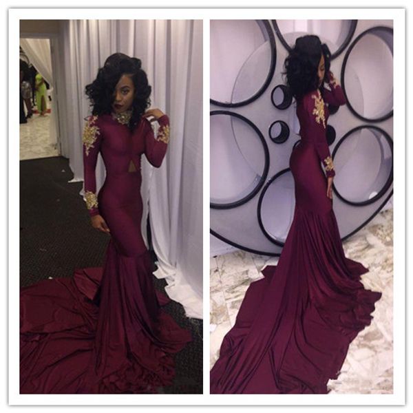2019 wine red south african mermaid prom evening dresses high-neck gold appliques ruffles tiered party reception dress sweep train, Black
2019 wine red south african mermaid prom evening dresses high-neck gold appliques ruffles tiered party reception dress sweep train, Black