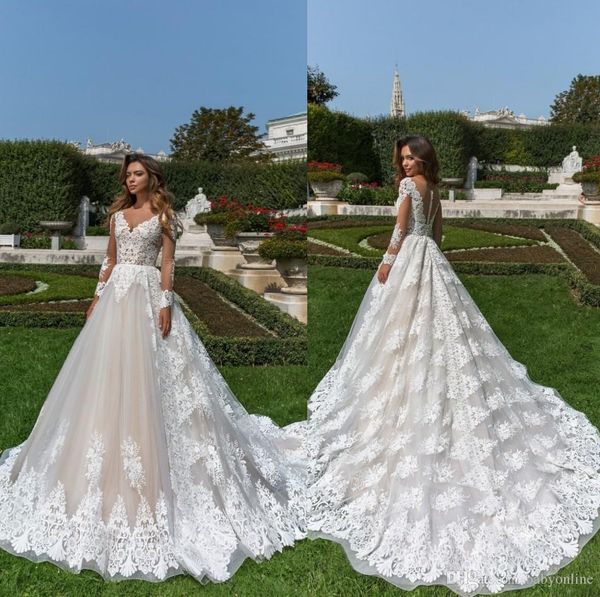 elegant lace tulle a line wedding dresses vintage v neck long sleeve appliqued bridal gowns back button covered vestidos, White
elegant lace tulle a line wedding dresses vintage v neck long sleeve appliqued bridal gowns back button covered vestidos, White