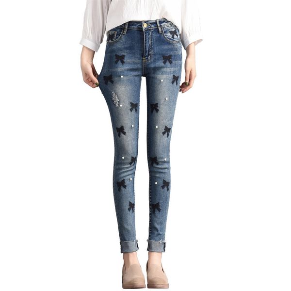 vintage pearl blue high waist jeans female casual slim was thin elasticity pants winter 2018 embroidery denim pants women 
vintage pearl blue high waist jeans female casual slim was thin elasticity pants winter 2018 embroidery denim pants women