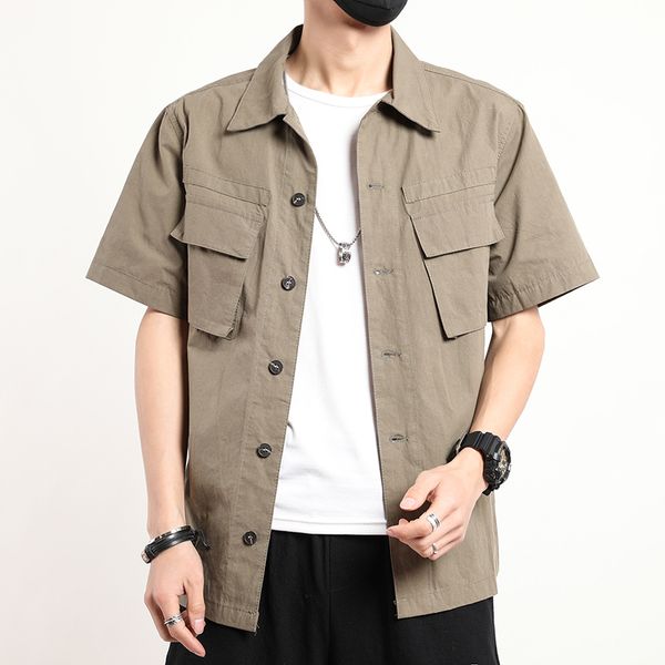 men's casual shirts 2021 summer shirt men short sleeve cotton cargo solid mens, White;black
men's casual shirts 2021 summer shirt men short sleeve cotton cargo solid mens, White;black