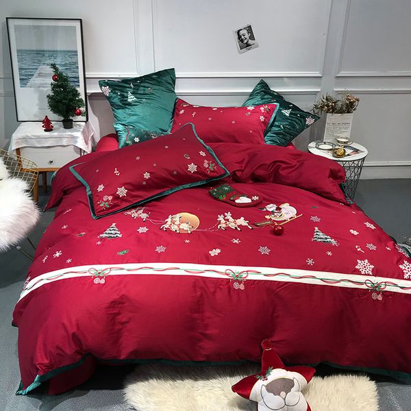2019 christmas elk bedding set embroidery egyptian cotton king size 4/7pieces bed sheet set duvet cover